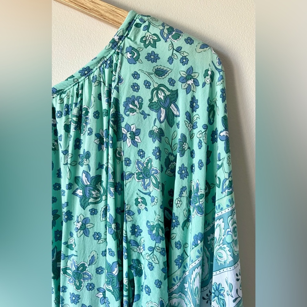 Silk Floral Boho Dress Tiered Bell Sleeves Tassel Tie Mint Green Size XL - Picture 5 of 9